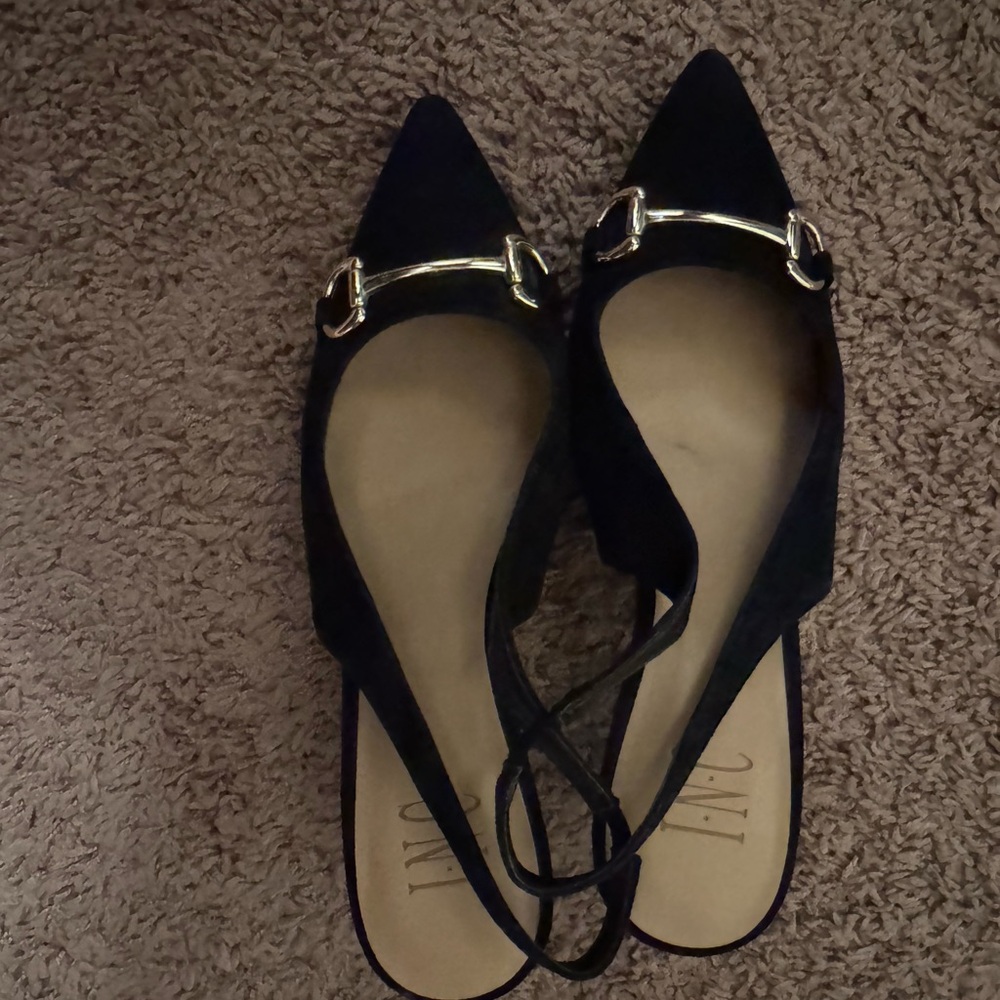 INC International Concepts Black Pointed Slingback Flats with Gold Accent